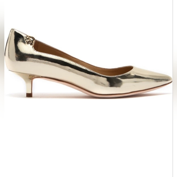 Tory Burch Elizabeth Metallic Leather Kitten Heel Pump Gold - Picture 3 of 6